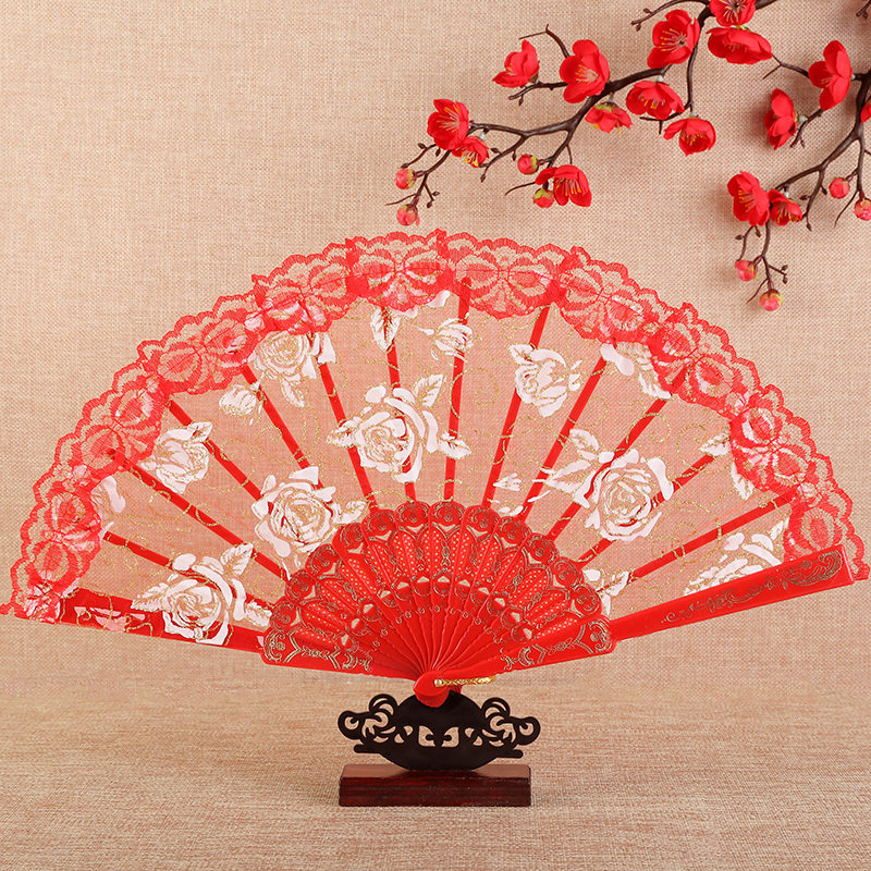 Rose Lace Fan Folding Folding Fan Dancing Dance Ancient Style Han Chinese Clothing Plastic Fan