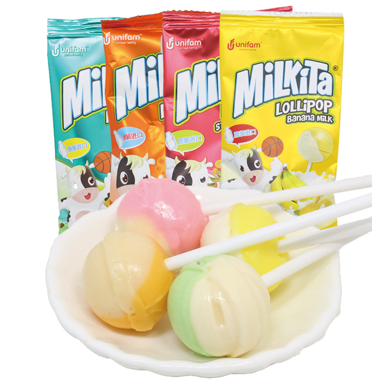 印尼进口棒棒糖unifam优你康牛奶水果双味棒棒糖儿童水果奶糖9g