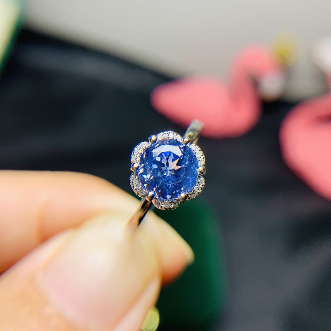 天然蓝宝石戒指18k金镶嵌指环搭配南非钻石订婚复古宝石戒指女款