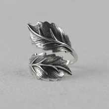 金鹿王S925银复古做旧工艺食指戒指批发女款开口叶子跨境指环饰品