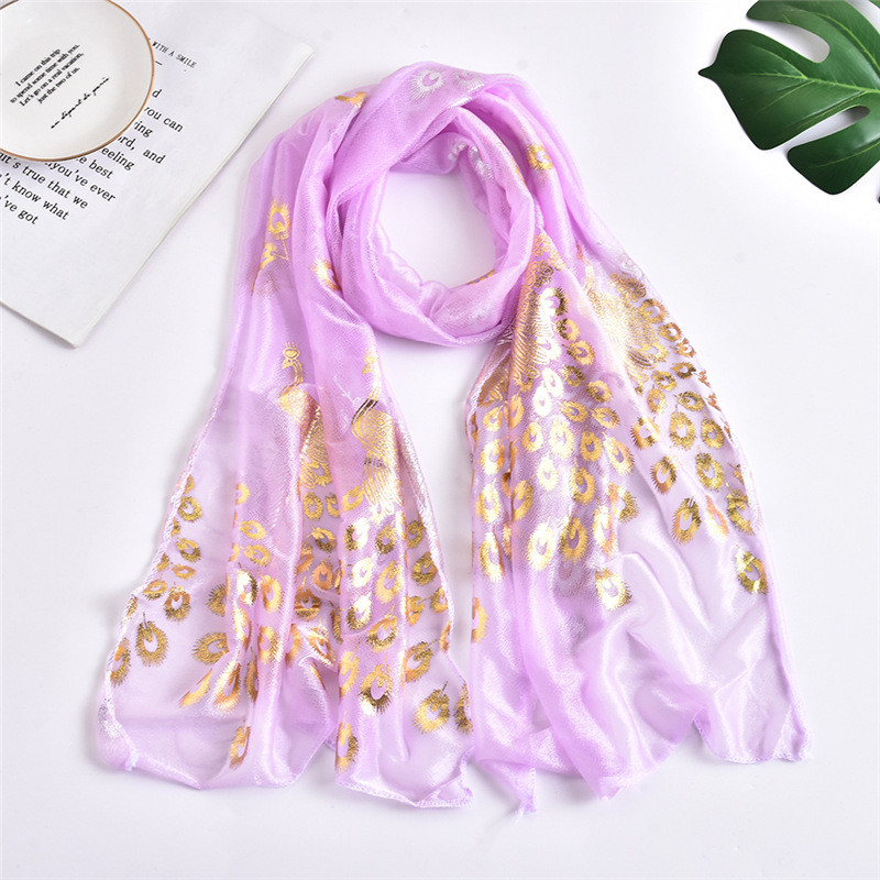 High-End Pongee Bronzing Peacock Pattern Silk Scarf Candy Color Elegant Women's Scarf Silk Scarf Gift Order