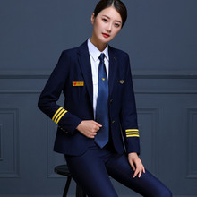 高端航空飞行员女机长制服套装蓝色修身西服外套职业装西装秋林肯