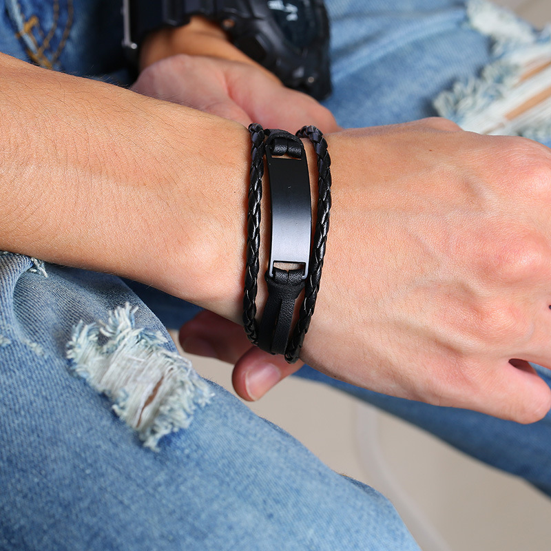 欧美时尚潮男手镯 简约时尚多层编织男士皮手环 光面
