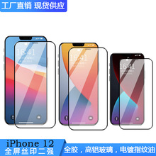 适用iphone12钢化膜丝印二强全胶紫光防窥膜苹果12 pro磨砂钢化膜