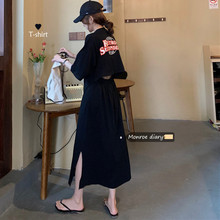 棉质连衣裙女后背镂空显瘦高腰夏季韩版跨境新款短袖学生开叉长裙