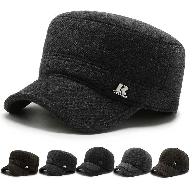 middle-aged and elderly hat men‘s woolen flat hat warm hat autumn winter dad grandpa‘s hat thickened earflaps peaked cap