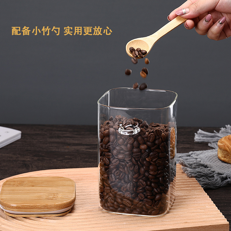 Sealed Jar Household Transparent Glass Storage Jar Food Tea Dried Fruit Coffee Beans Storage Storage Tank Square with Spoon