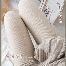 秋冬新款日系棉竖条纹连裤袜燕麦色打底裤加绒加厚保暖外穿打底袜