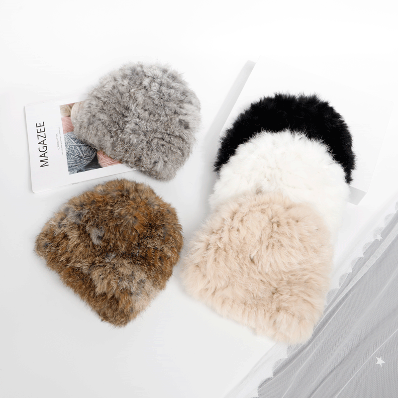 Rabbit Leather Hat for Women Thickened Warm Plush Real Rabbit Fur Bag Cap Autumn and Winter Wild Fur Woven Knitted Wool Hat