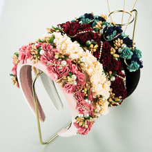 跨境欧美当季新款布艺蕾丝花朵新娘发箍女镶珍珠水钻海绵写真头箍