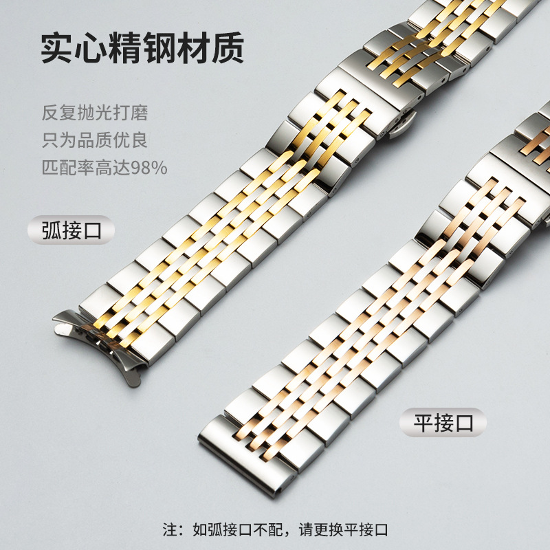 Watch Steel Band Watchband Men's Watch Chain Women's Seven Beads Steel Watchband Stainless Steel Butterfly Clasp Arc Mouth Interface Flat Mouth