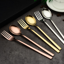 304不锈钢长柄汤勺叉子创意餐厅酒店餐具礼品韩式方柄勺叉两件套