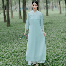 一件代发中国风系带斜襟文艺复古雪纺禅茶服长裙禅舞服连衣裙女