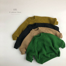 秋冬季儿童装长袖加厚绿色粗针织打底韩版套头森系圆领女童毛衣