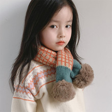 韩版格子交叉儿童围巾冬季新款撞色针织围巾保暖宝宝围脖双球长巾
