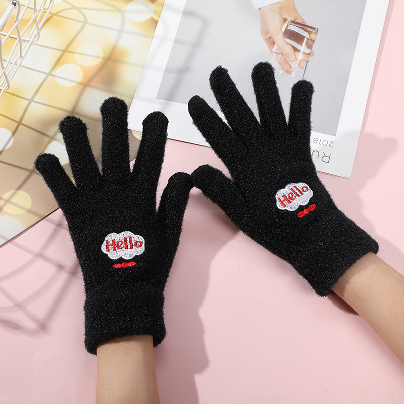 INS Cartoon Mink Velvet Smiley Gloves Winter Fleece-Lined Warm Outdoor Cold-Proof Cute Student Touch Screen Plush Gloves