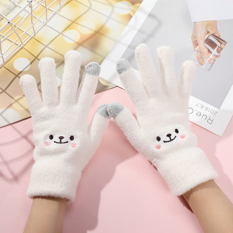 INS Cartoon Mink Velvet Smiley Gloves Winter Fleece-Lined Warm Outdoor Cold-Proof Cute Student Touch Screen Plush Gloves