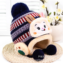 冬季新款大版卡通小猴护耳儿童针织帽婴儿帽子加绒保暖宝宝毛线帽