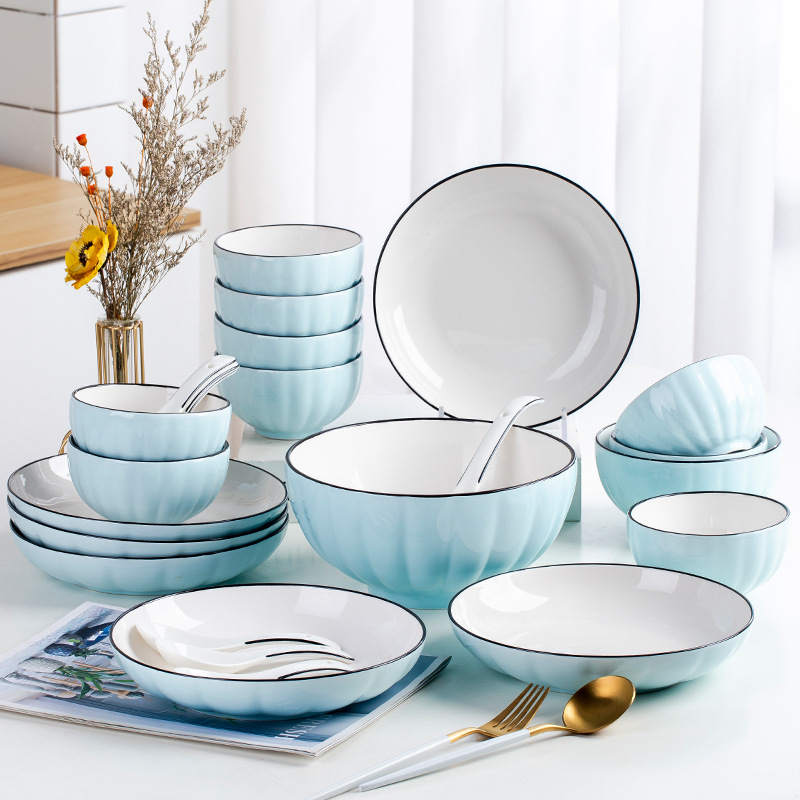 jingdezhen ceramic tableware underglaze color bowl and dish set full set of bowls and chopsticks simple combination wholesale creative housewarming gift