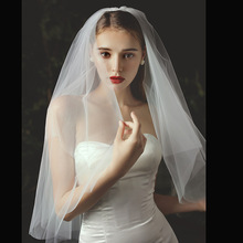 力源简单大方透明新娘结婚礼服婚遮面长素面金属发梳腰头纱
