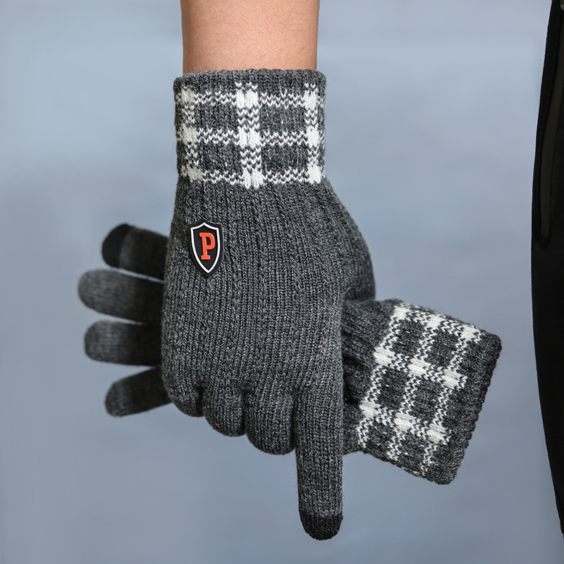 Gloves for Male Students Autumn and Winter Thickened Fleece-Lined Touch Screen Five-Finger Wool Knitted Cold-Proof Warm Cycling Wholesale