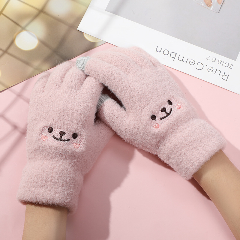 INS Cartoon Mink Velvet Smiley Gloves Winter Fleece-Lined Warm Outdoor Cold-Proof Cute Student Touch Screen Plush Gloves