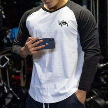 肌肉型男健身长袖拼色大印花圆领T恤打底衫男篮球训练服休闲上衣