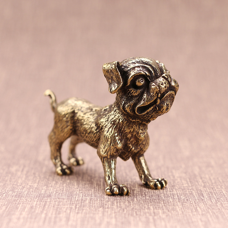 黄铜小狗摆件精工铜艺宠物仿古铜雕件旺财黄铜古玩铜器把件收藏品