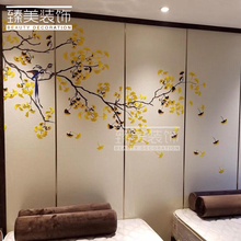 新中式刺绣硬包背景墙银杏花鸟刺绣墙布客厅卧室玄关墙板装饰定制