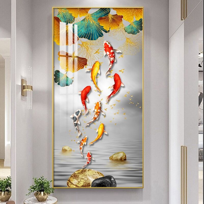 进门生财玄关挂画入户走廊尽头晶瓷墙壁画竖版九鱼图玄关装饰画