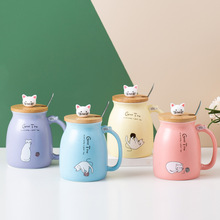 日式清新卡通猫咪马克杯家用可爱陶瓷杯带盖勺办公室男女情侣水杯