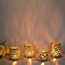 跨境代发北欧金色几何镂空铁艺烛台创意香薰蜡烛杯家居装饰摆件