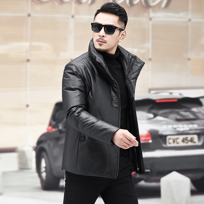 2021 Winter New Genuine Leather down Jacket Men's Short Stand Collar Genuine Leather Jacket Thickened Sheepskin Coat