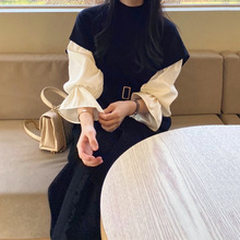 韩系chic秋季法式纯色宽松喇叭袖衬衫+半高领绑带收腰背心连衣裙