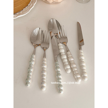 韩国ins陶瓷珍珠柄不锈钢刀叉勺餐具套装家用冰淇淋勺子高颜值
