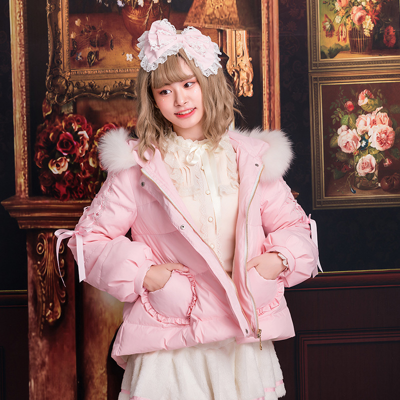 羽绒服织锦园洋装lolita秋冬新款加厚保暖毛领女粉色甜美可爱外套