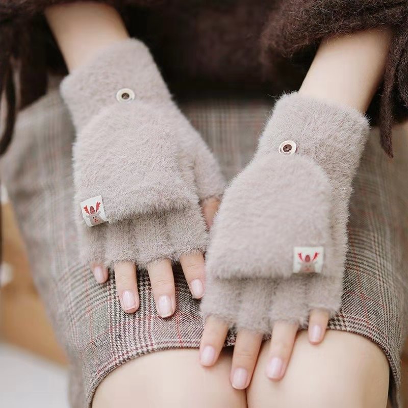 New Plush Winter Half Finger Flip Warm Thickened Factory Finger Leakage Imitation Mink Knitted Student Writing Gloves