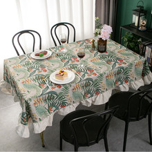 北欧绿色植物美式复古荷叶边桌布长方形竹节棉麻印花餐桌布台布