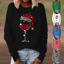 亚马逊eBay圣诞节热卖女上衣 圣诞帽红酒杯图案印花 圆领长袖卫衣