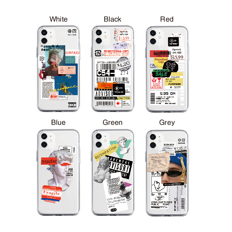 适用iphone14promax透明手机壳创意雕像涂鸦标签苹果13mini保护套