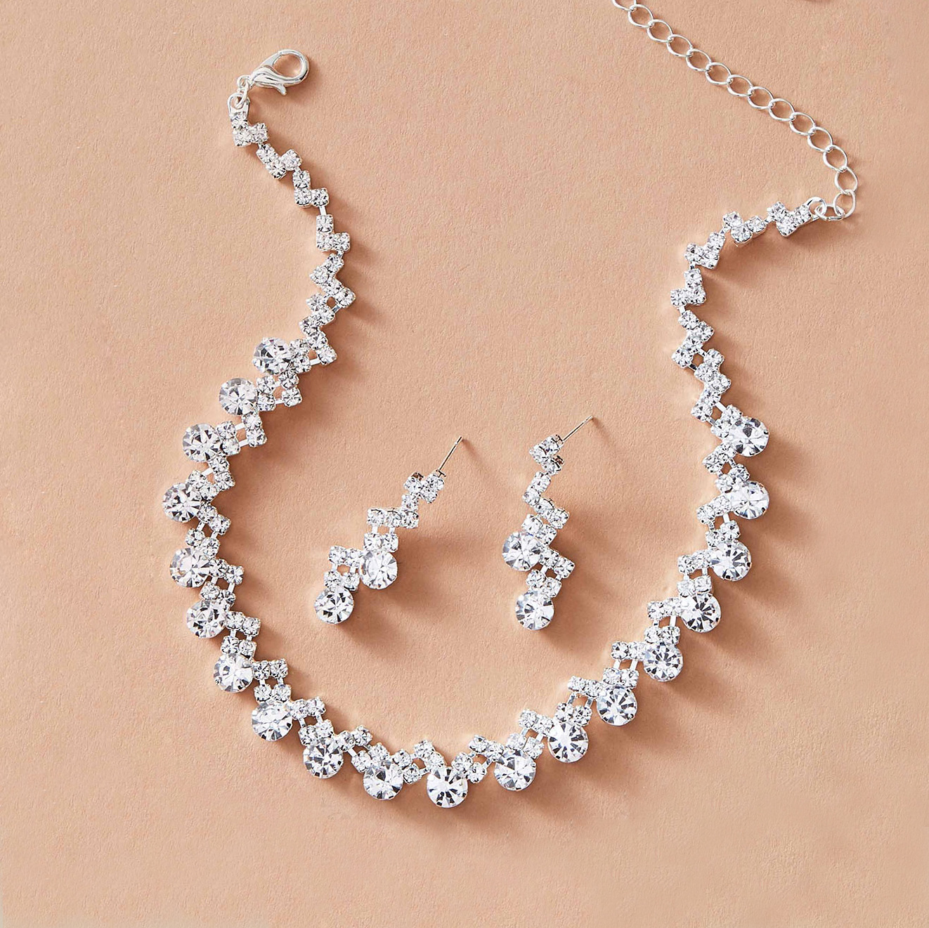 European and American Jewelry Wedding Accessories Two-Piece Bridal Silver Plated Claw Chain Rhinestone Set Necklace Earrings Bracelet N5664