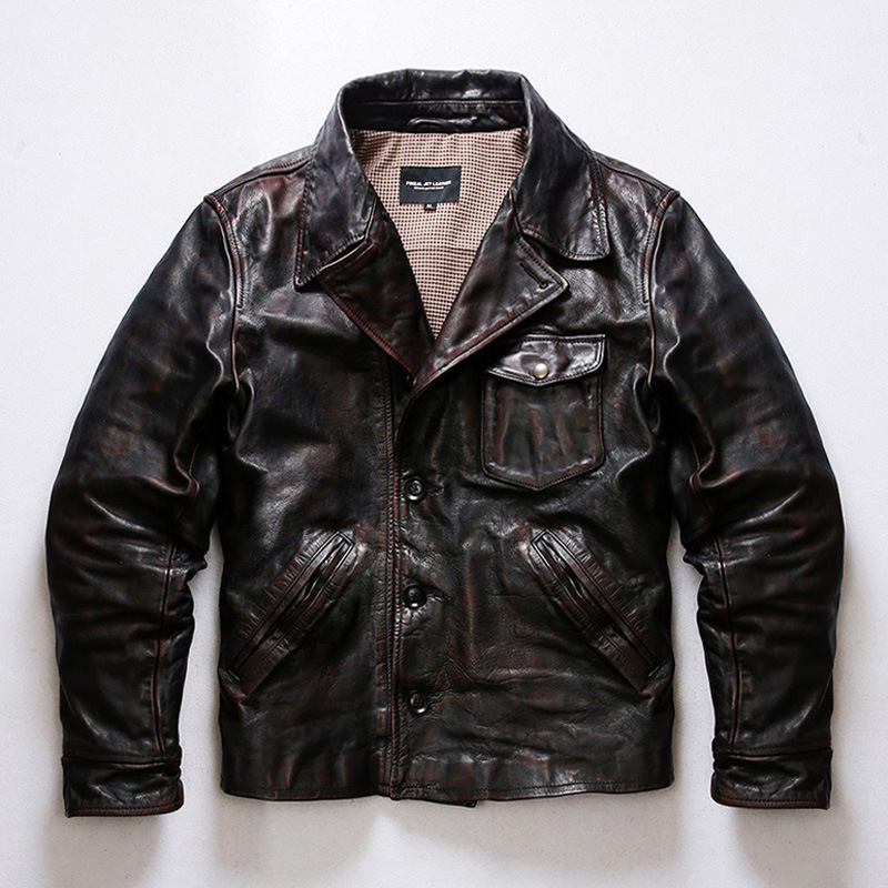 新款阿美咔叽美式马皮皮衣男翻领短款修身古着复古真皮夹克外套潮