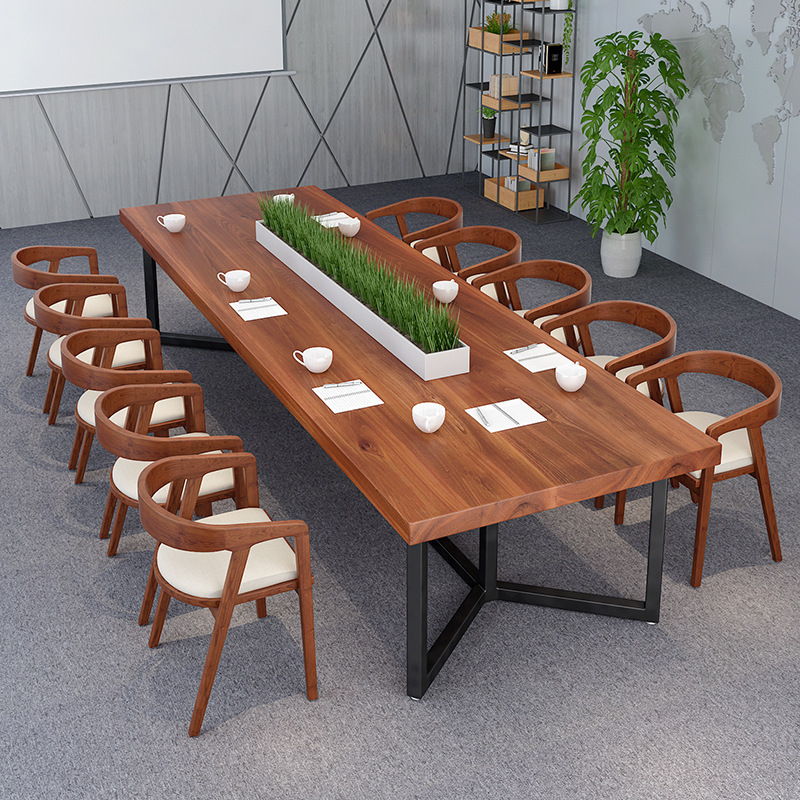 北欧创意复古实木员工办公会议桌椅图书馆阅读桌子公司培训长桌子