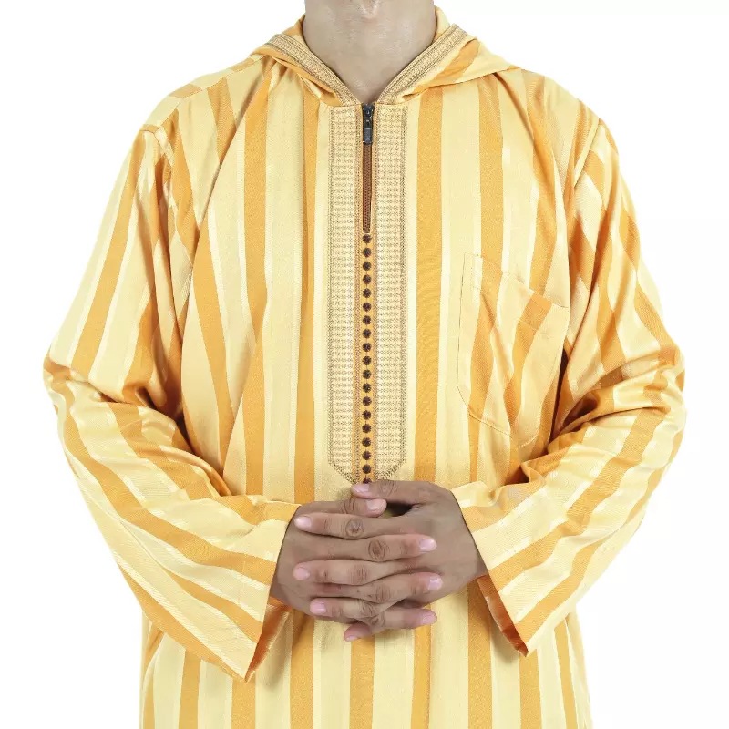 Foreign Trade Muslim Moroccan Robe with Hood Design Islamic Men Cotton and Linen Stripes Robe Factory Wholesale