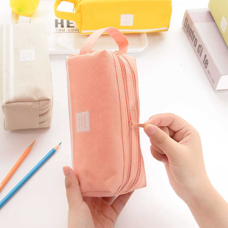 Double-Layer Oxford Cloth Pencil Case Korean Style Simple Large Capacity Double Pull Pencil Case Primary School Student Portable Zipper Portable Stationery Bag