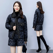 拼接羽绒棉服套装女短款2023冬季新款韩版时尚气质淑女短裤两件套