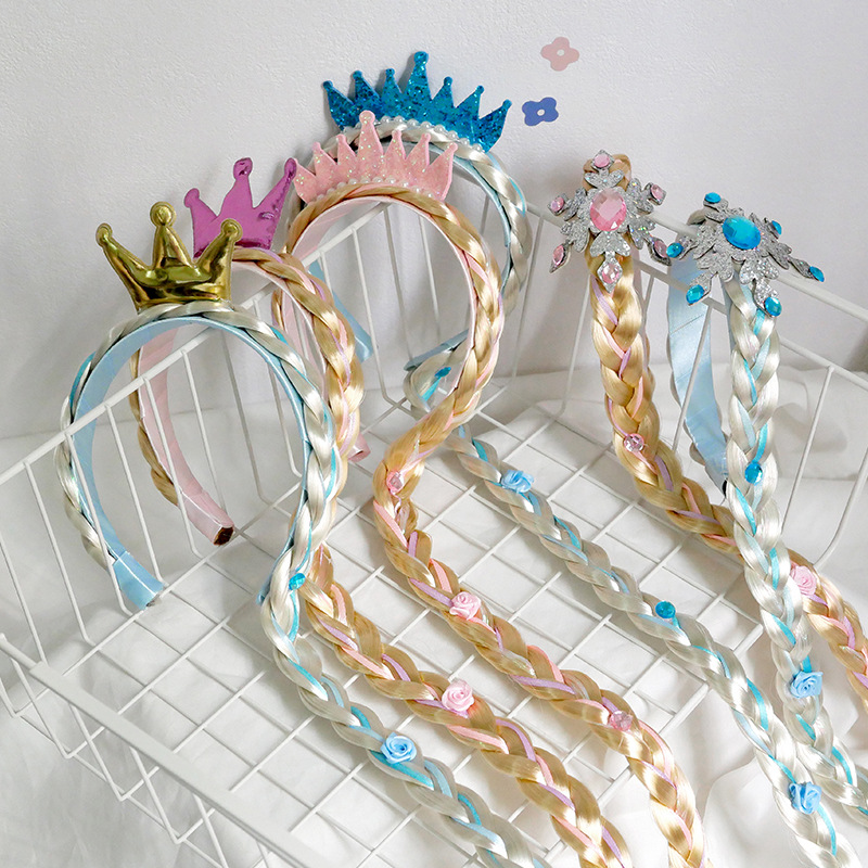 children‘s crown ice queen headband girl baby wig long braid bow hairpin ice princess hair accessories