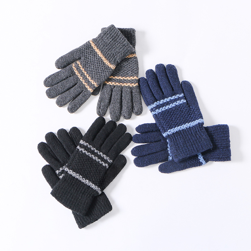 Winter New Men's Cold-Proof Warm Gloves Cycling Fleece-Lined Wool Knitted Full Finger Jacquard Stall Supply Wholesale