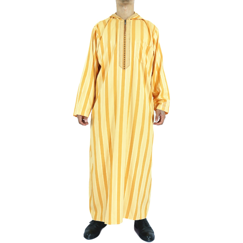 Foreign Trade Muslim Moroccan Robe with Hood Design Islamic Men Cotton and Linen Stripes Robe Factory Wholesale