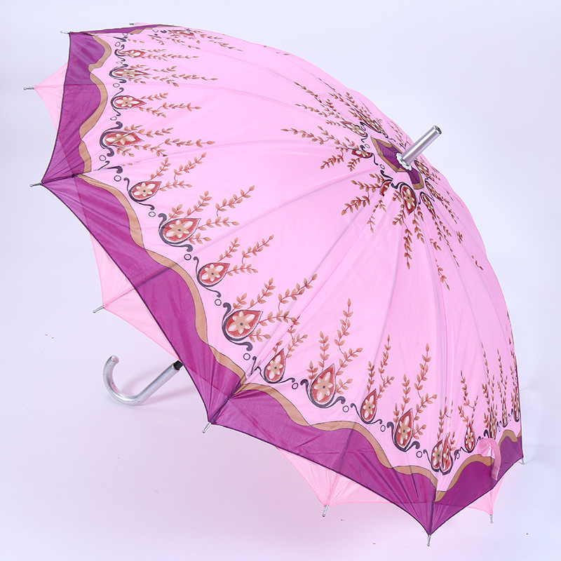 New Double-Layer Printed Umbrella 16 Bone plus-Sized Wind-Resistant Straight Rod Curved Handle Umbrella Sunny and Rainy Dual-Use Straight Umbrella Wholesale